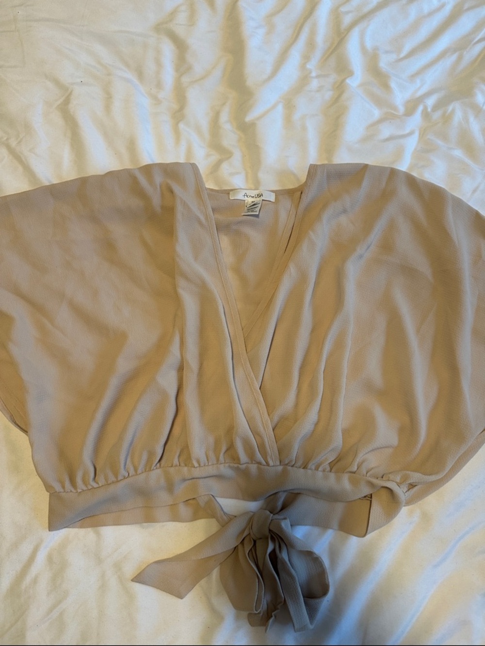 Beige Taupe Wrap Blouse with Tie Waist